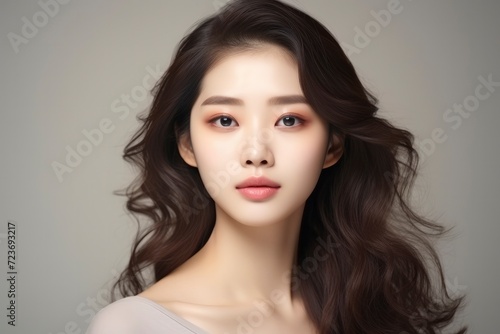 Portrait of beautiful Asian girl with perfect smooth skin on gray background. Young attractive Korean woman with long hair smiles and looks at the camera. Cosmetology, beauty, fashion