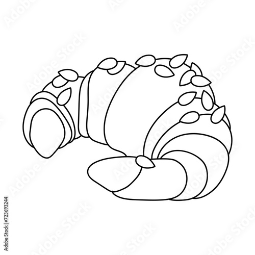 Almond croissant. Dessert, sweets. Coloring page, icon, black and white vector illustration.