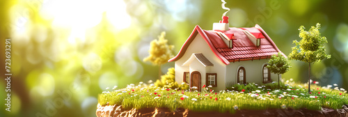 Cake in the shape of a fairytale house. The concept of renting and buying your own home on fabulous terms. Copy space. Banner