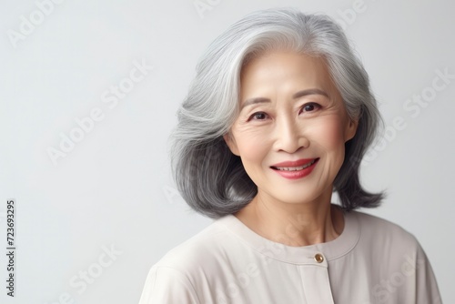 Portrait of gorgeous beautiful smiling middle-aged Asian woman on gray background. Korean gray-haired woman 50-60 years old looks at camera. Happy pensioner, old age, cosmetology and face lifting