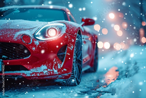 Red Sports Car in Snow: A Cool Ride for Winter Months Generative AI