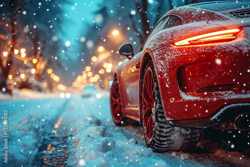 Snowy Night in the City: A Red Sports Car on a Snowy Road Generative AI © BIPUL