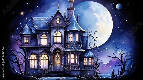 halloween house with night sky and moon. Digital concept, illustration painting.