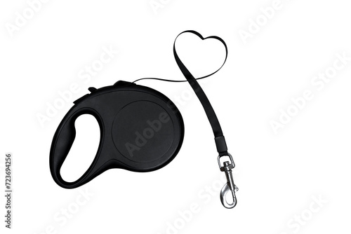 Foto Isolate black retractable dog leash is laid out in the shape of a heart