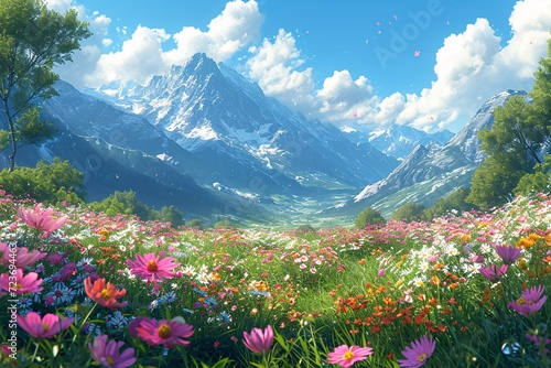 Flower Fields in the Mountains  A Breathtaking View of Nature s Beauty Generative AI