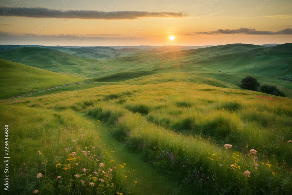 Green hills landscape at sunrise