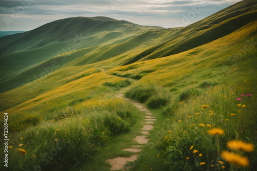 Winding path in the grass covered highland landscape 