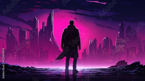 Silhouette of a man looking at a futuristic neon city with tall skyscrapers. Digital concept, illustration painting.