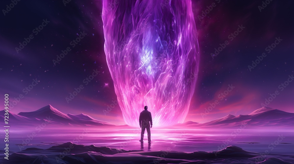 Silhouette of a guy in empty looking at a huge pink glow in the sky. Digital concept, illustration painting.