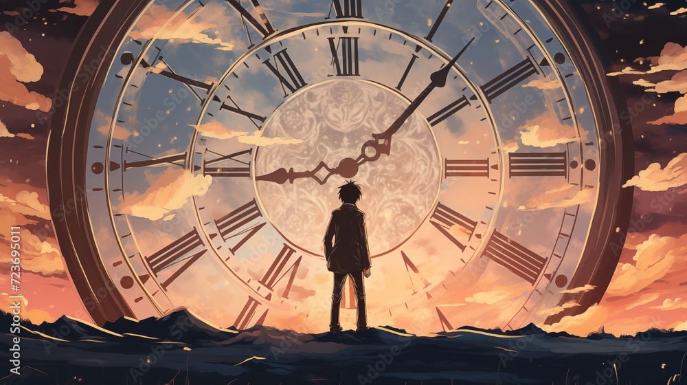 Silhouette of a guy standing near a giant clock in the desert. Digital concept, illustration painting.