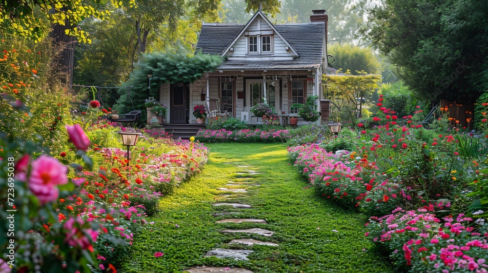 A charming country cottage with a garden path leading to a flower-filled garden Generative AI