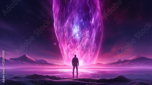 Silhouette of a guy in empty looking at a huge pink glow in the sky. Digital concept  illustration painting.