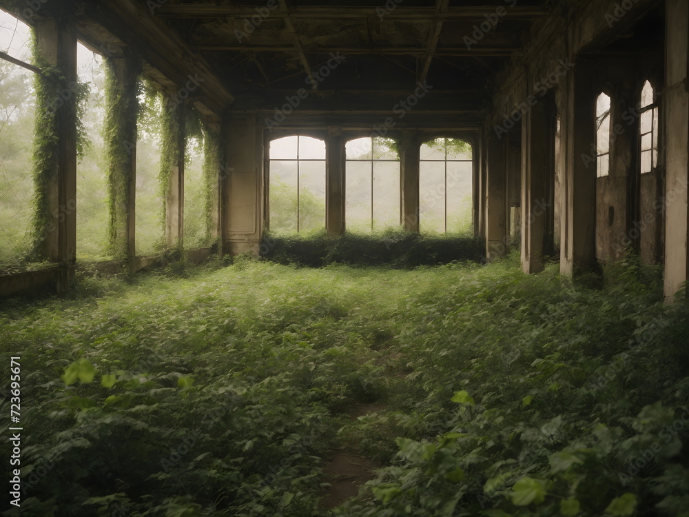 Abandoned Overgrown Building - Nature's Resilience: A Journey Through the Ruins, Covered in Lush Vegetation Abandoned Overgrown Building - Nature's Resilience: A Journey Through the Ruins, Covered in Lush Vegetation