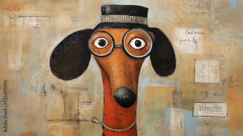 Whimsical Painting of a Cartoon Dog with Oversized Glasses and Fez