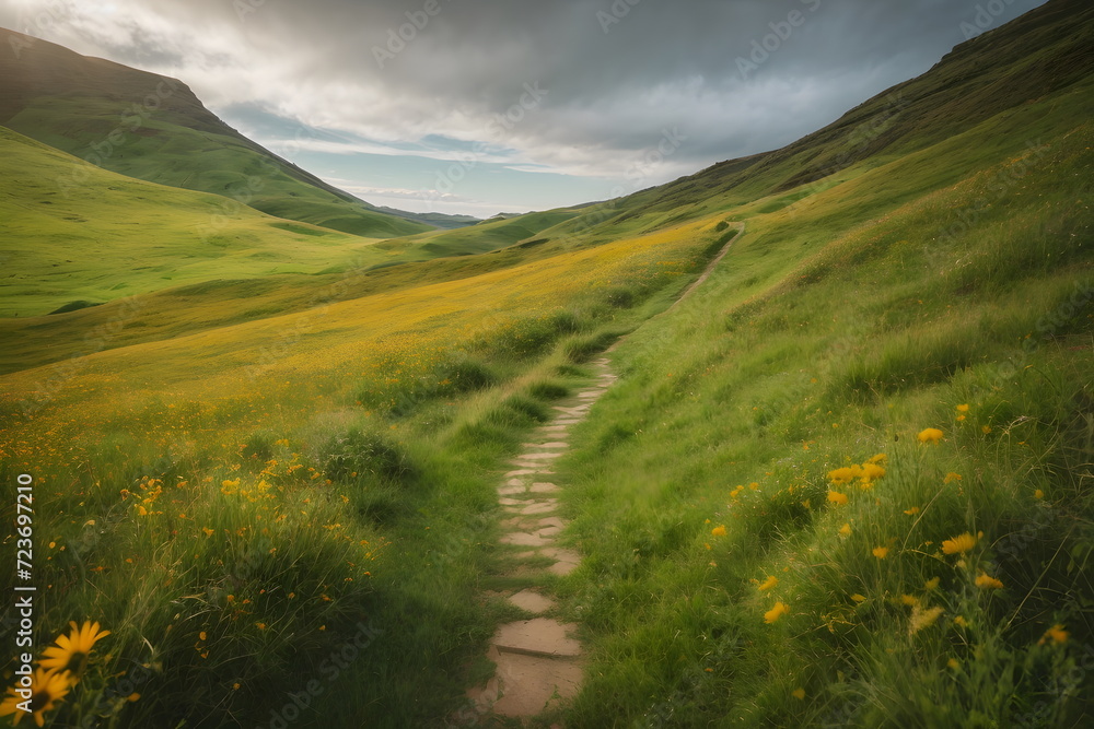 Winding path in the grass covered highland landscape
