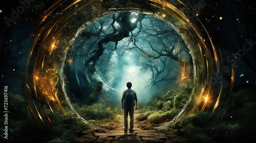 man is walking through a portal through a forest. Digital concept, illustration painting.