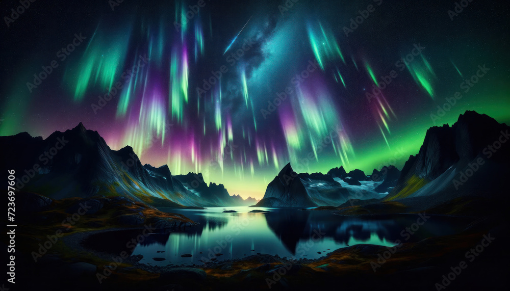a wide image of a spectacular northern lights display over a serene mountain landscape at night. The sky is filled with vibrant streaks of gree
