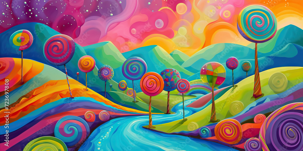Vibrant Landscape Where the Hills Are Made of Candy, Rivers Flow with Chocolate, and Lollipop Trees Dot the Horizon: A Modern, Colorful Depiction with Striking Colors