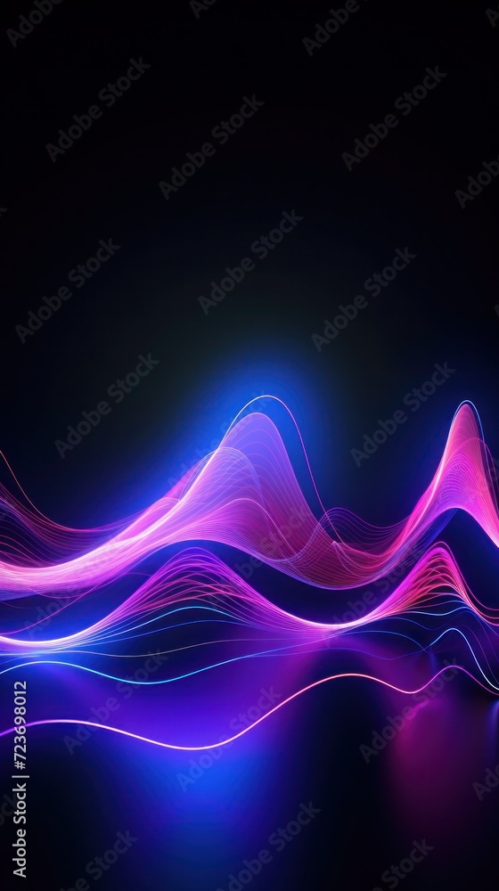 Reflective 3D neon waves against black background. Abstract Waves of Color, Flowing Curves and Bold Hues.	
