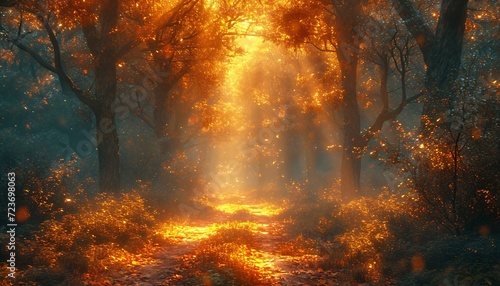 Golden Path in the Forest: A Glowing Sunset in September Generative AI