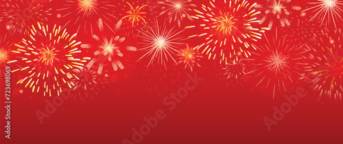 Festival chinese backdrop vector. Happy chinese new year wallpaper design with golden fireworks on red background. Modern luxury oriental illustration for cover, banner, website, decor, advert.