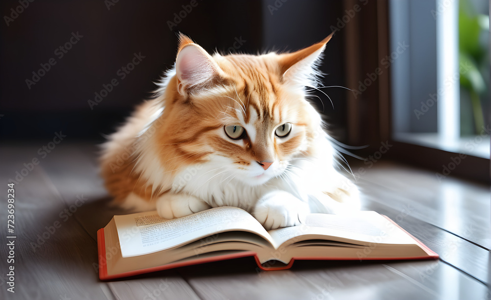 A cute cat reading a book. Generative AI A cute cat reading a book. Generative AI