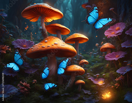 Fantasy landscape with mushroom and butterflies in a mysterious dreamy woodland. Concept of magic, imagination, fairytale. Digital illustration. CG Artwork Background