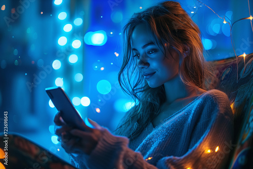 Young woman with curly hairstyle uses smartphone, at night evening cafe, club, party. Neon colors and lights. Girl using smartphone at home. Social media applications online