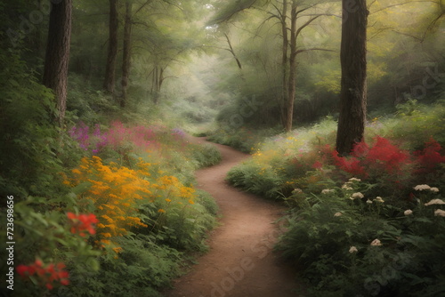 Winding path in the dense forest with beautiful flowers around 