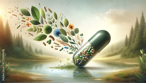 A variety of probiotics, food supplements, and health vitamins made from natural ingredients, displayed to promote gut health and overall wellness, possibly including capsules, tablets, and powders. photo