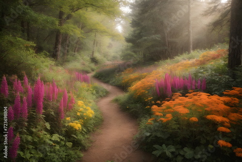 Winding Forest Path with colorful wild flowers, lush foliage  © PetrovMedia