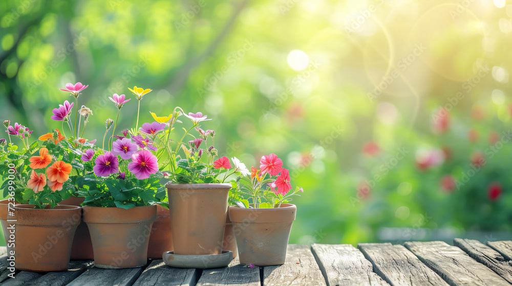 Gardening background with flowerpots in sunny spring or summer garden Gardening background with flowerpots in sunny spring or summer garden