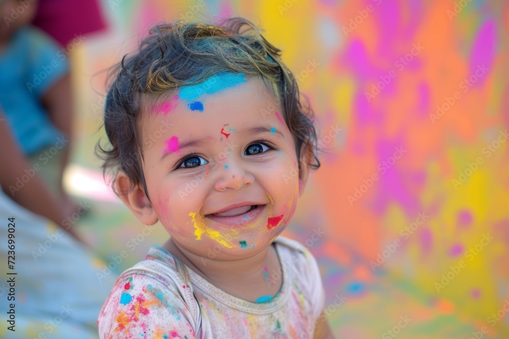 Cute kid smiling at a holi festival. Colorful Powder on his face. Cute kid smiling at a holi festival. Colorful Powder on his face.