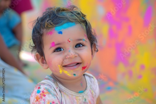Cute kid smiling at a holi festival. Colorful Powder on his face. 
