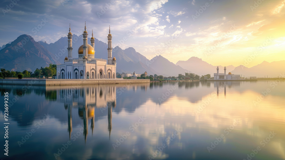 A majestic and serene mosque on the shore of a lake with a backdrop of rugged mountains under the golden light of a charming sunset