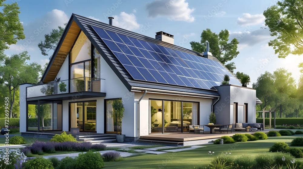 Futuristic suburban smart home with solar panels rooftop system for renewable energy concepts with copyspace area. Photovoltaic system. Futuristic suburban smart home with solar panels rooftop system for renewable energy concepts with copyspace area. Photovoltaic system.