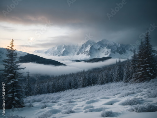 Winter Landscape with Pine Forest and Snow Covered Mountains 