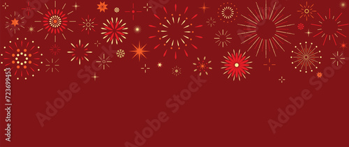 Festival chinese backdrop vector. Happy chinese new year wallpaper design with golden fireworks on red background. Modern luxury oriental illustration for cover, banner, website, decor, advert.
