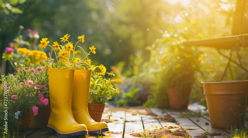 Fotografia Gardening background with flowerpots, yellow boots in sunny spring or summer gar