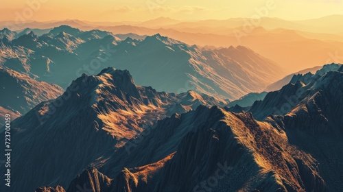 sunset glow over rugged mountain peaks, aerial view of majestic landscape illuminated in golden light