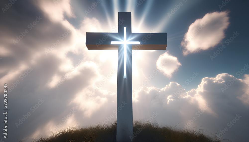 Illuminated Christian Cross Against a Dramatic Sky