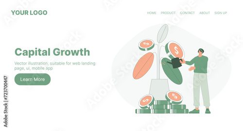 Capital Growth. Web Landing Page Design. Flat Cartoon Vector Illustration. Vector illustration, suitable for web landing page, ui, mobile app