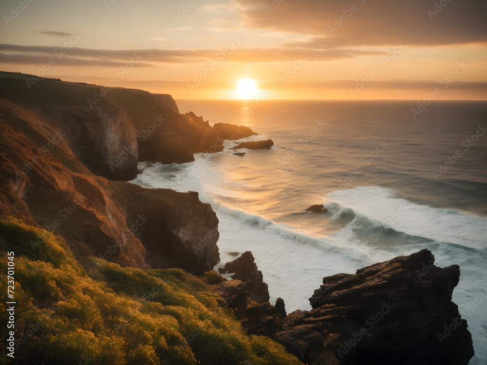 Sunset over the sea - coastline with rocks and ocean waves