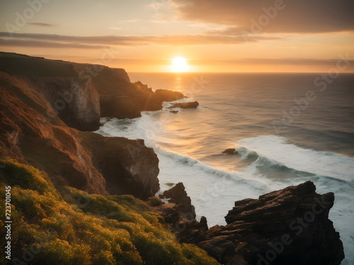 Sunset over the sea - coastline with rocks and ocean waves