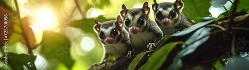 Sugar gliders in the forest with setting sun shining. Group of wild animals in nature. Horizontal, banner. © linda_vostrovska
