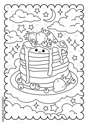 Pancakes with strawberries and blueberries.Kawaii characters. Sweets, dessert. Cute coloring page for kids and adults, black and white vector illustration.