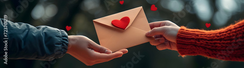 Hand holding letter full of red hearts giving it to another hand. Concept of Valentine's day, love, present, giving and surprise. Horizontal, banner.