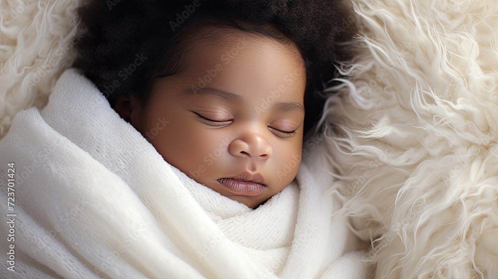 An African American newborn sleeps wrapped in a white fluffy fur blanket. An African American newborn sleeps wrapped in a white fluffy fur blanket.