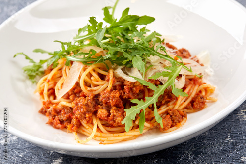 pasta bolognese on the white plate
