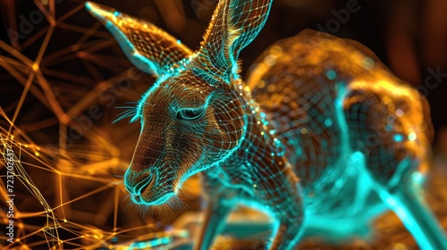 digital holographic kangaroo, green holographic lines 